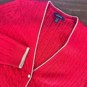 Lands' End Cardigan Sweater Glitter Red‎ Cable Knit Cotton Metallic Gold